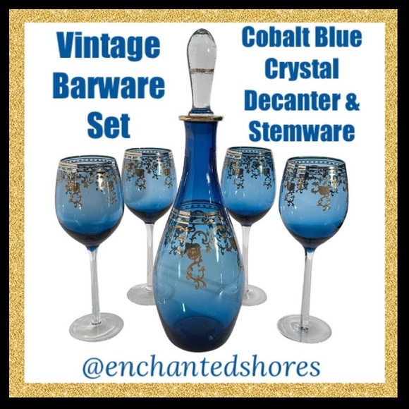 Bar Set Barware Decanter Stemware Glasses MCM Estate Cobalt Blue Gold Filigree - Picture 1 of 16